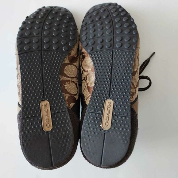 Coach Renata Signature Jacquard Monogram Logo Lace Tie Suede Brown Sneakers - Picture 3 of 5